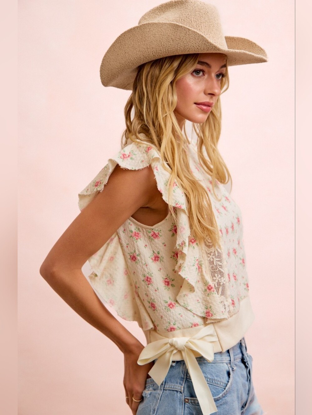 BiBi Flower Printed Ruffle Sleeve Trim Lace Detail Top- Red Flower - Picture 8 of 11